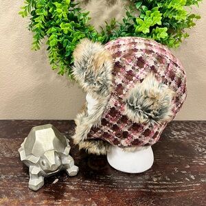 PISTIL FAUX FUR & TWEED BOMBER STYLE WINTER/SKI HAT/CAP